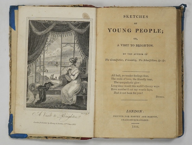 [Sandham, Elizabeth] - Sketches of Young People; or, a Visit to Brighton ... first edition. engraved frontis., original red quarter calf and marbled boards, gilt ruled and lettered spine, 12mo. printed for Harvey and Dar